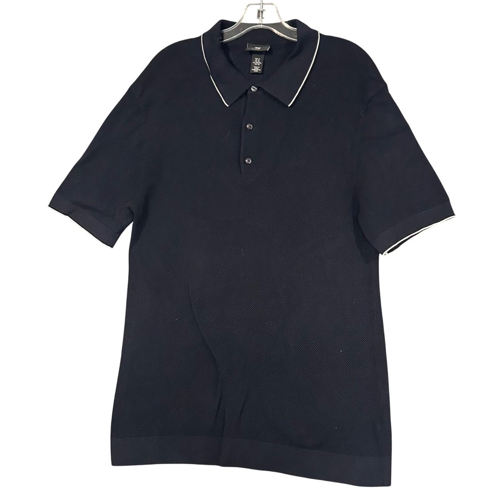 H&M Mens Slim Fit Knit Polo Shirt Navy Blue White Tipped XL 100% Cotton